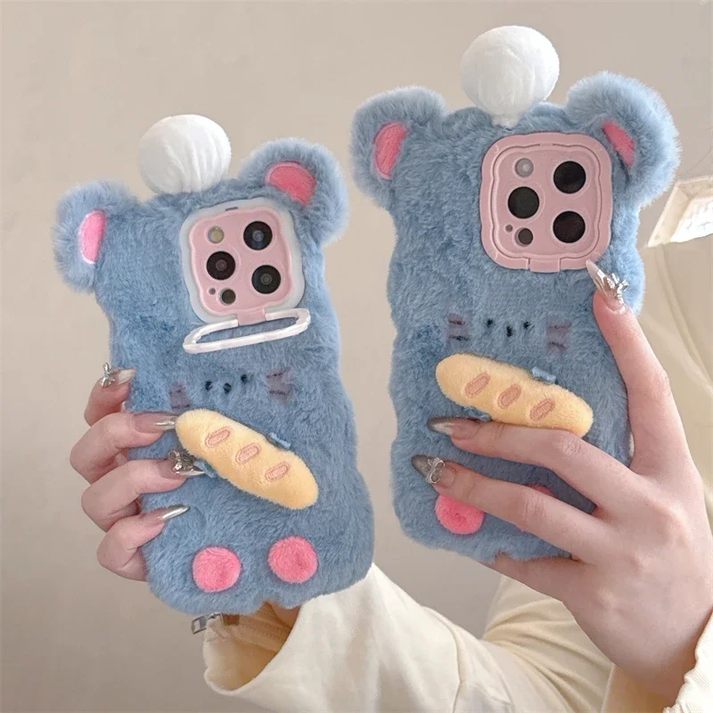 3D Cute Cat Warm Winter Plush Soft Phone Case for Huawei P40 P50 P60 Pro Pura 70 Pro Fluff Toy Camera Protect Back Cover Cases