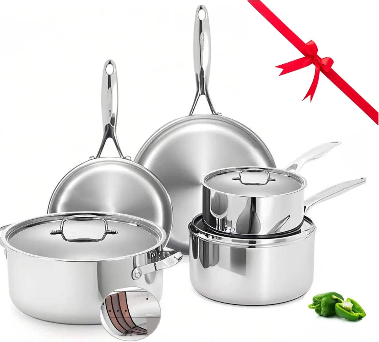 

5-Ply Stainless Steel Cookware Set,8-Piece,Professional Pots and Pans Set,650℉ Safe cookware set for Even Heating, Premium Cookw