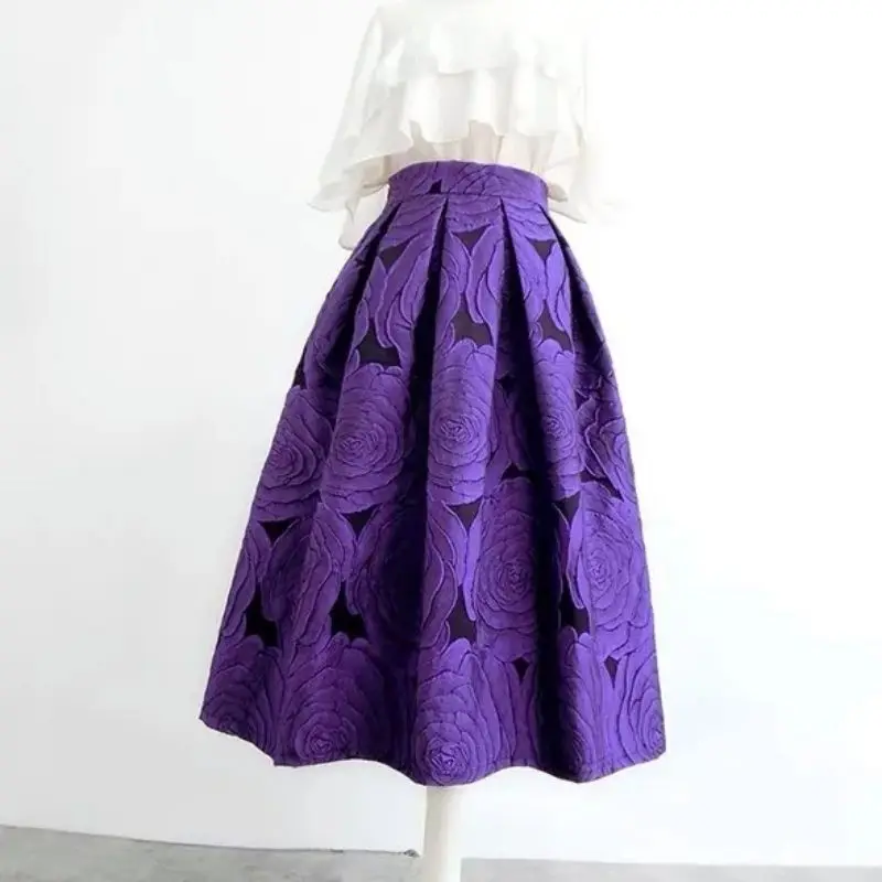 Rose Purple Floral Elegant Chic High Waist Ball Gown Loose Women\'s Skirt Knee-Length Long Skirts For Women Clothing Fashion 2024