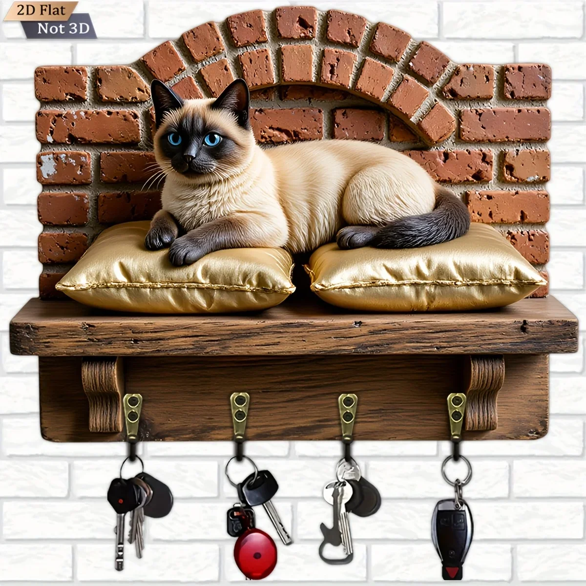 2D Flat, 1pc, Cat-shaped key hook, wooden multi-functional home key holder, comes with four metal hooks, suitable for wall