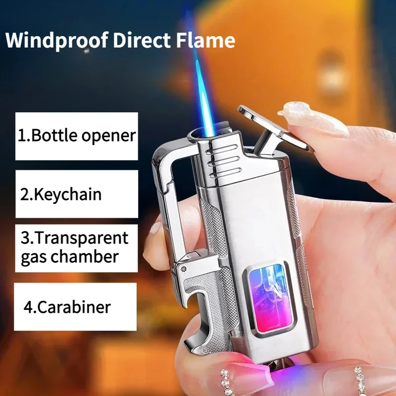 Metal Multi functional Keychain Windproof Jet Blue Flame Gas Lighter Outdoor Bottle Opener LED Transparent Window Cigar Lighters