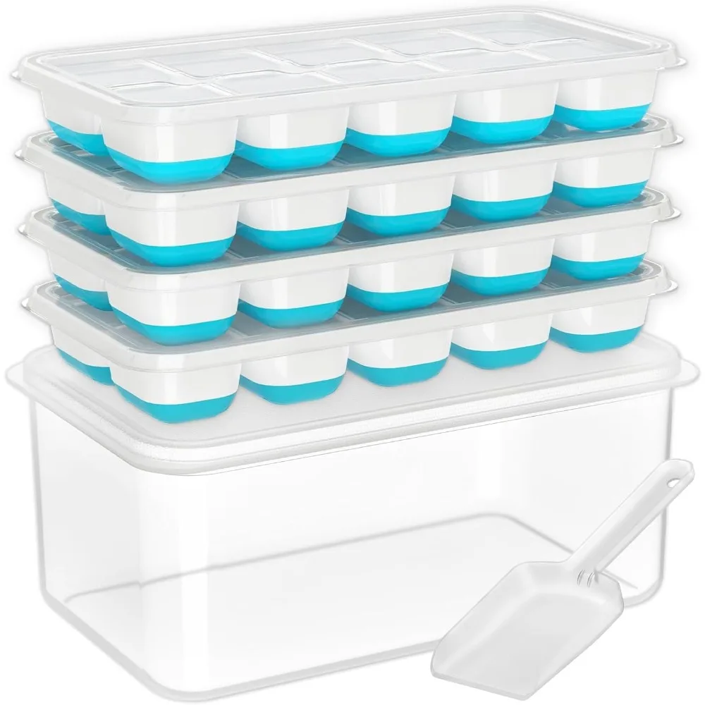Bandejas Apilables de Silicona para Cubitos de Hielo con Tapa, Contenedor de Almacenamiento y Cuchara, Paquete de 4 Kits de Cubiteras para Congelador, para Cocina, RV, Cócteles y Café