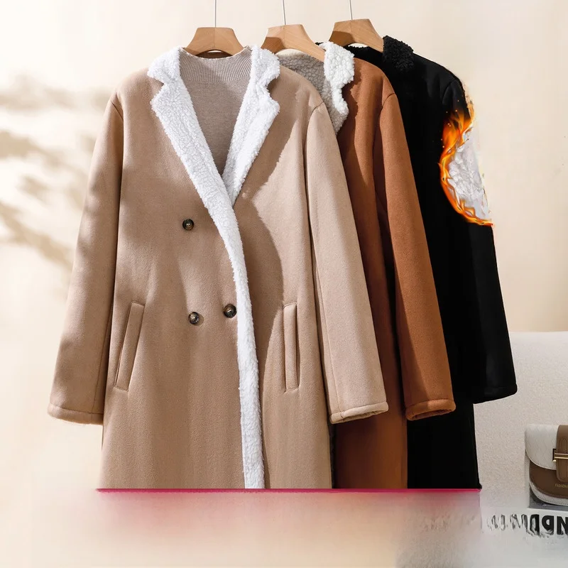 패셔너블 캐주얼 스웨이드 코트 울 중간 길이 칼라 여성 코트 테니드 롱 슬리브 출퇴근용 겨울 신상품