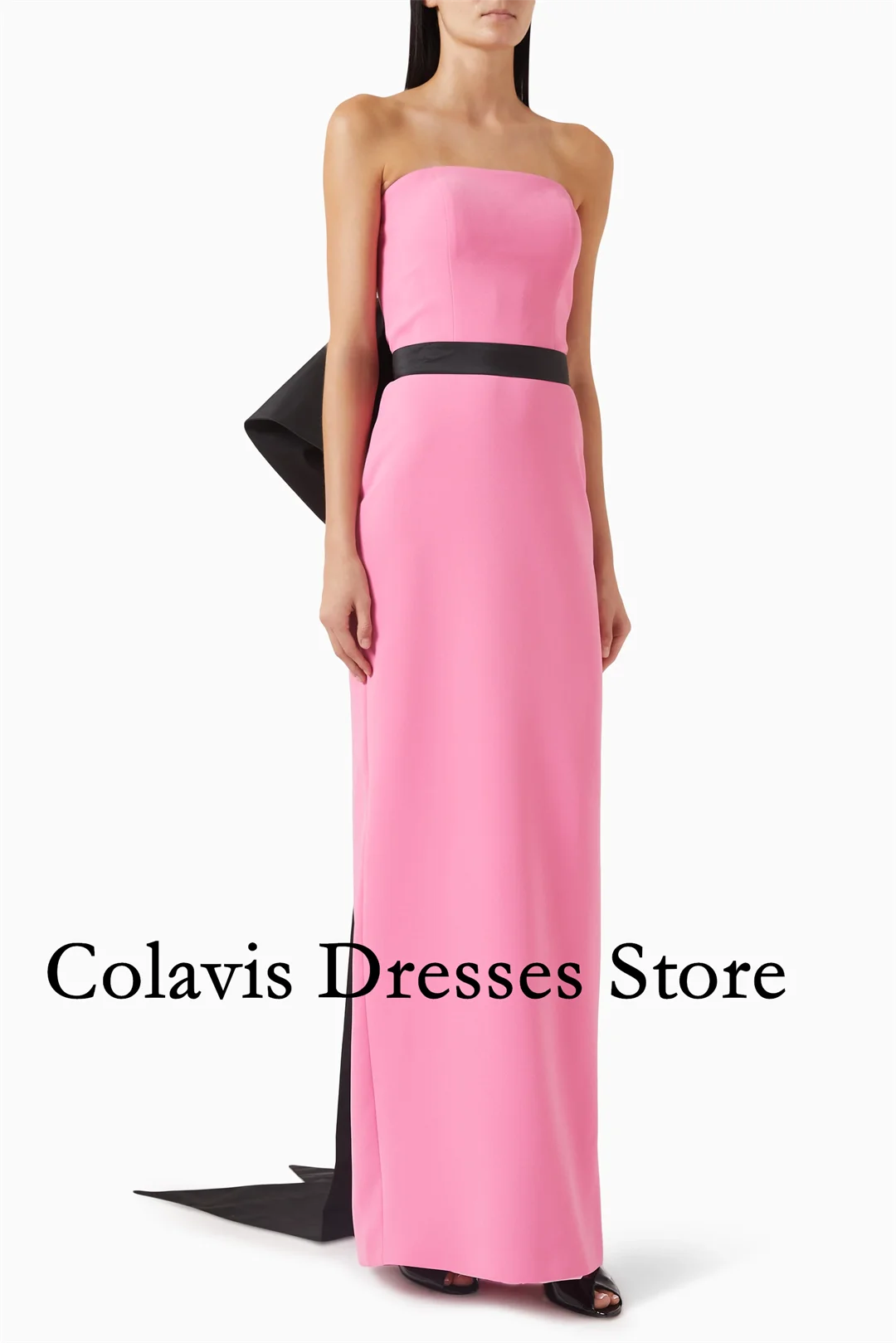 

2025 Customized Strapless Crepe Red Prom Dresses with Big Black Bow Evening Dress Women Evening Gowns Formal Party Dress