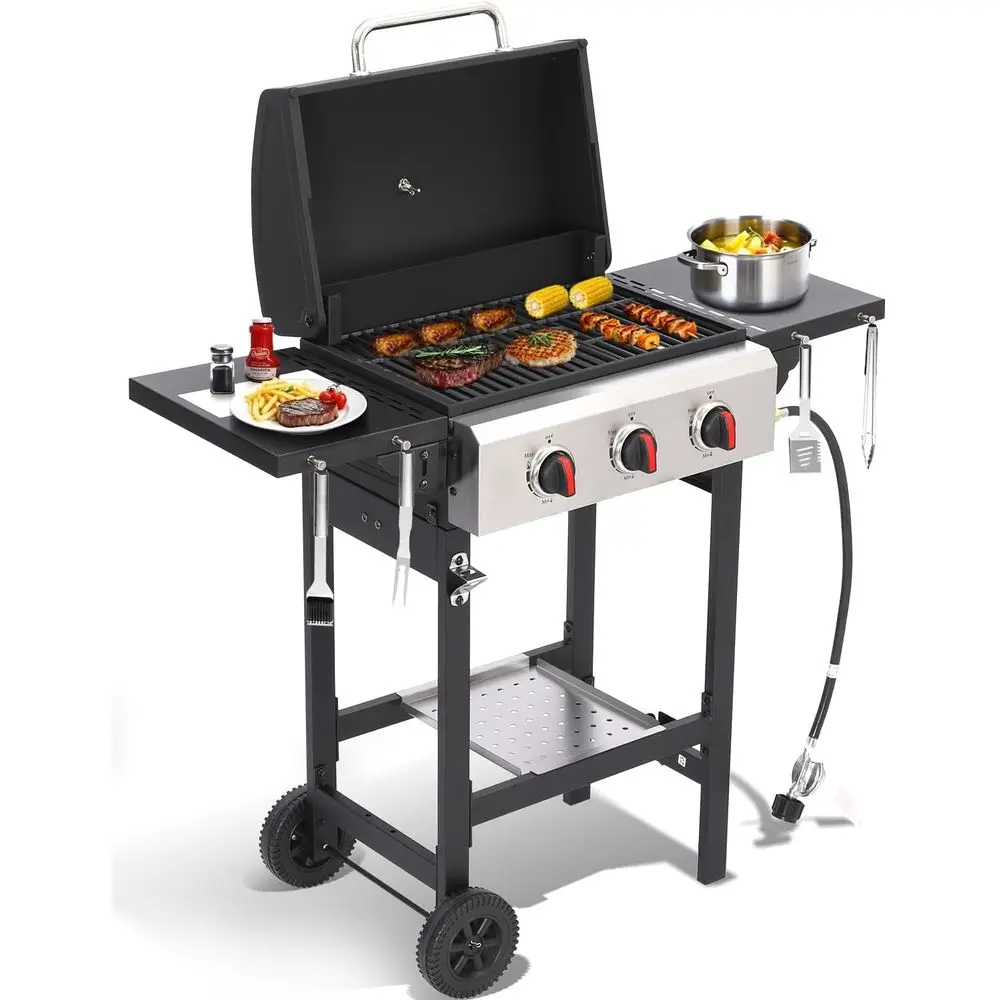

Portable 3-Burner Propane Grill with Cast Iron Grates, Stainless Steel Griddle, and Side Tables, 30,000 BTU Output