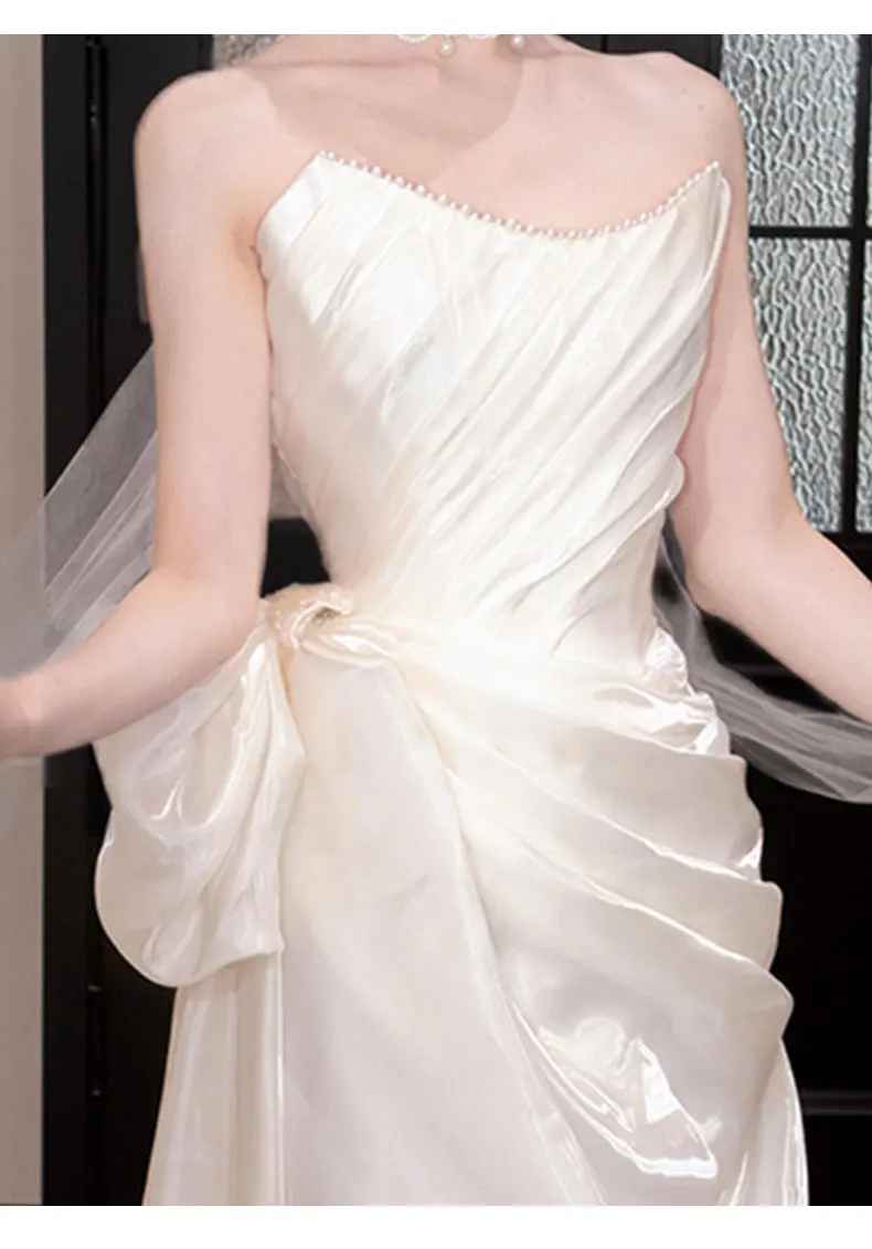 Strapless Shiny Satin Wedding Dress Ruched Bodice Big Bow Long Bridal Gown Simple Elegant Wedding Gown For Bride Evening Dress