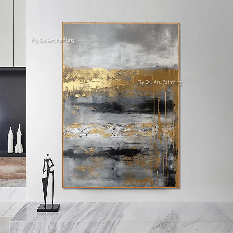 رمادي وذهبي أصفر مجردة قماش جدار الفن رسمت باليد تصميم الأزياء لوحة زيتية بنية بسيطة لديكور قاعة الغرفة