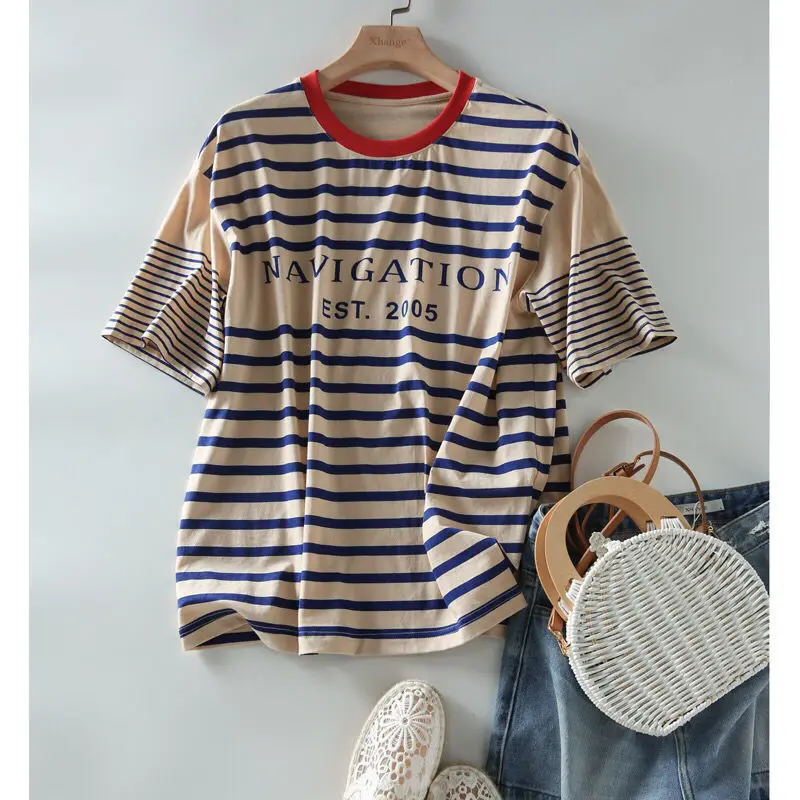 Spring Summer New O-Neck Letter Printing Short Sleeve Cotton Striped T-shirt Women\'s Clothing Loose Fashion Casual Tops