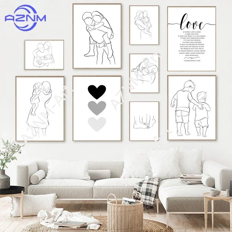 Abstrakte Schwarz-Weiß-Linien-Liebesfamilie Wandkunst Leinwandgemälde Nordische Poster und Drucke Wandbild für Wohnzimmer Dekoration