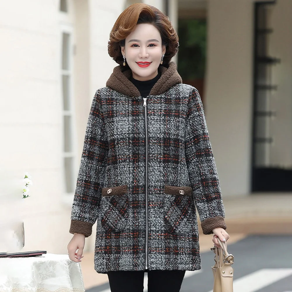 Long Coat In Winter Fleece Plaid Grain Velvet Middle-aged And Elderly Women Warm Hooded Cotton-padded Jacket In Autumn And Winte