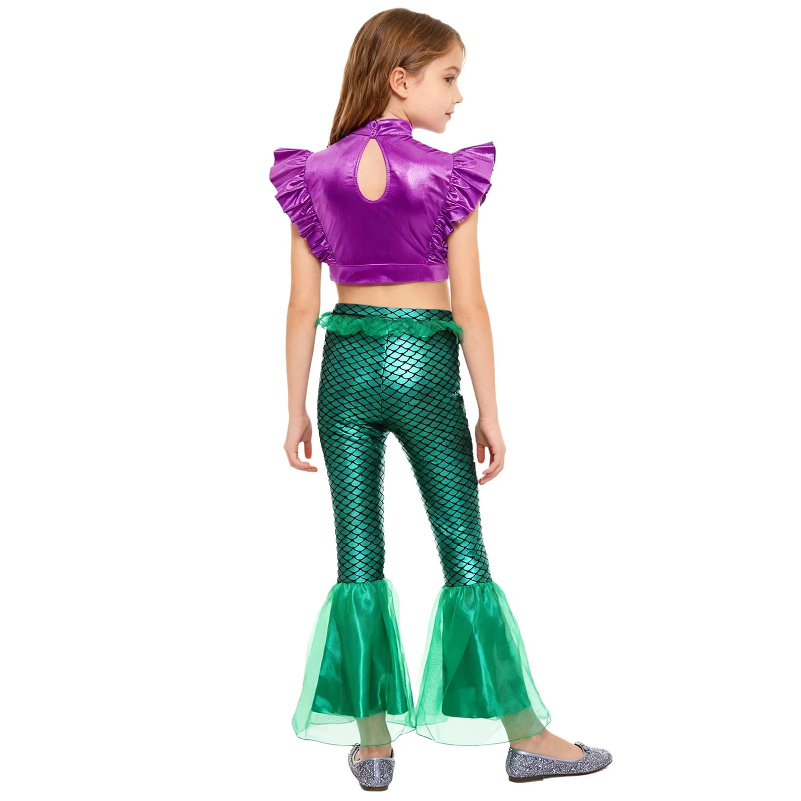 Kids Girls Fish Scales Print Mermaid Costume Crop Top with Pants Queen of The Sea Cosplay Outfit for Halloween Carnival Party