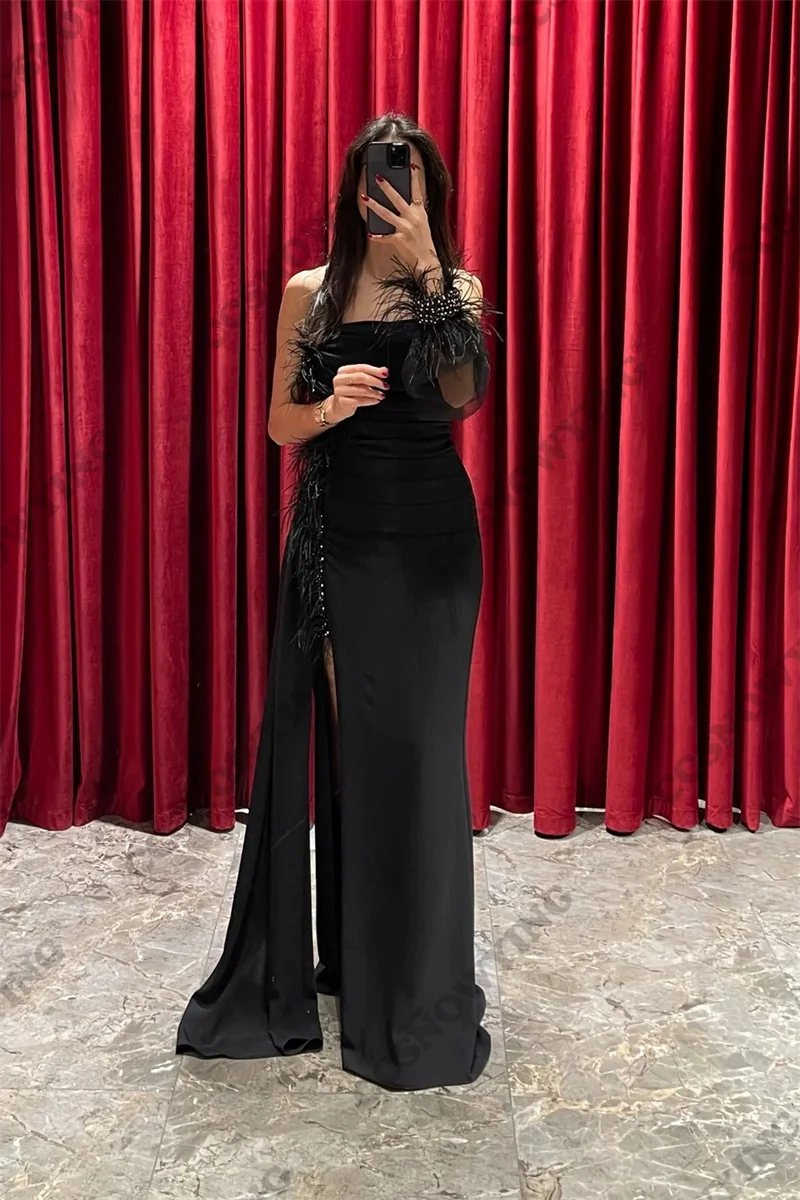 Vestidos de noite de chiffon preto para mulheres, manga comprida, vestido sereia com um ombro, fora do ombro, festa formal