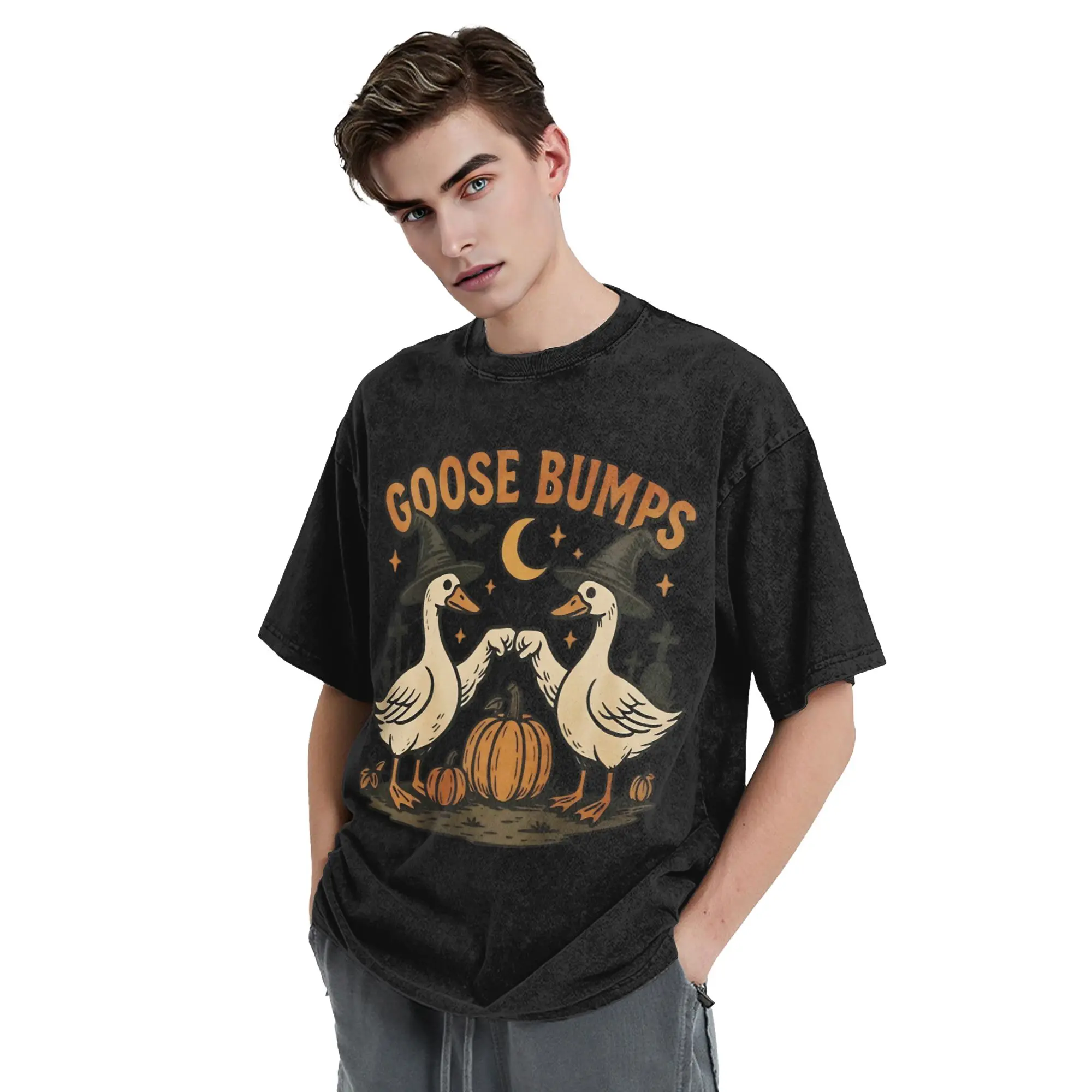 Goose Bumps Witch Geese Pumpkin T Shirt Hip Hop Washed Oversize T-Shirts Halloween Fashion Men Women Tops Streetwear Graphic Tee