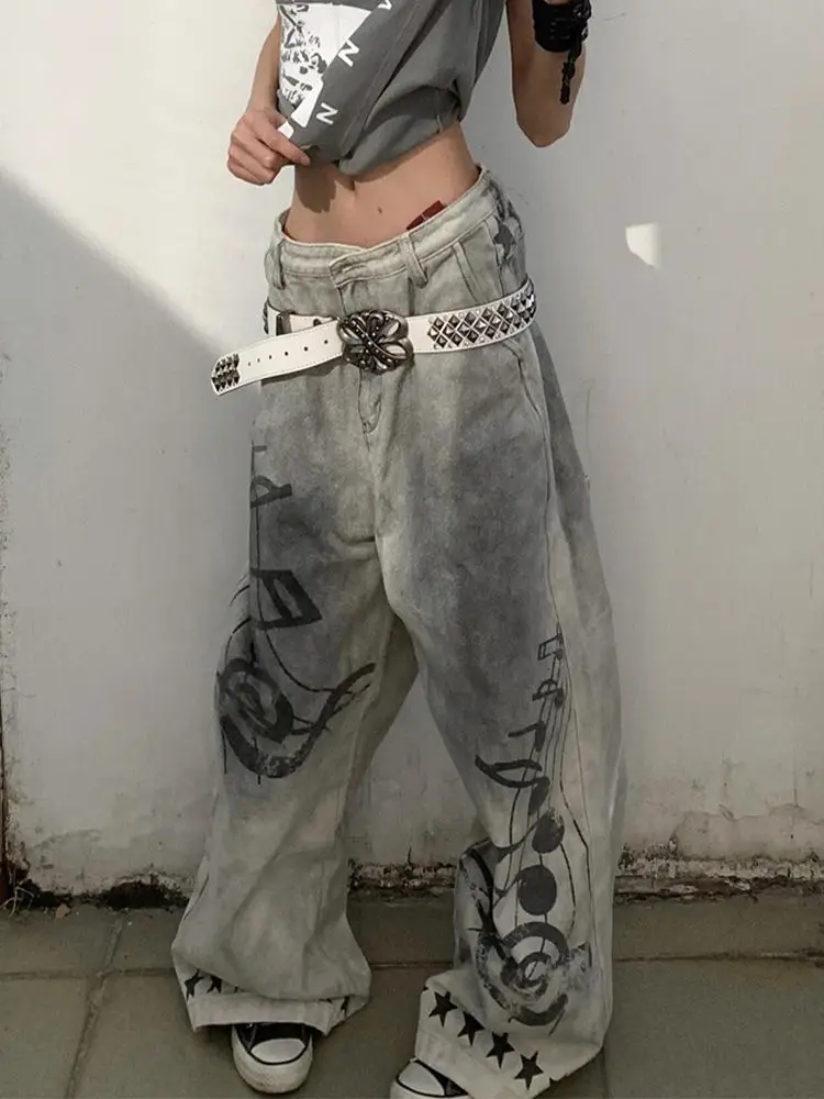 

American Plus Size Graffiti Jeans Women Y2K Hot Girl Style Music Note Print Distressed Washed Blade Cut Streetwear Pants Trendy