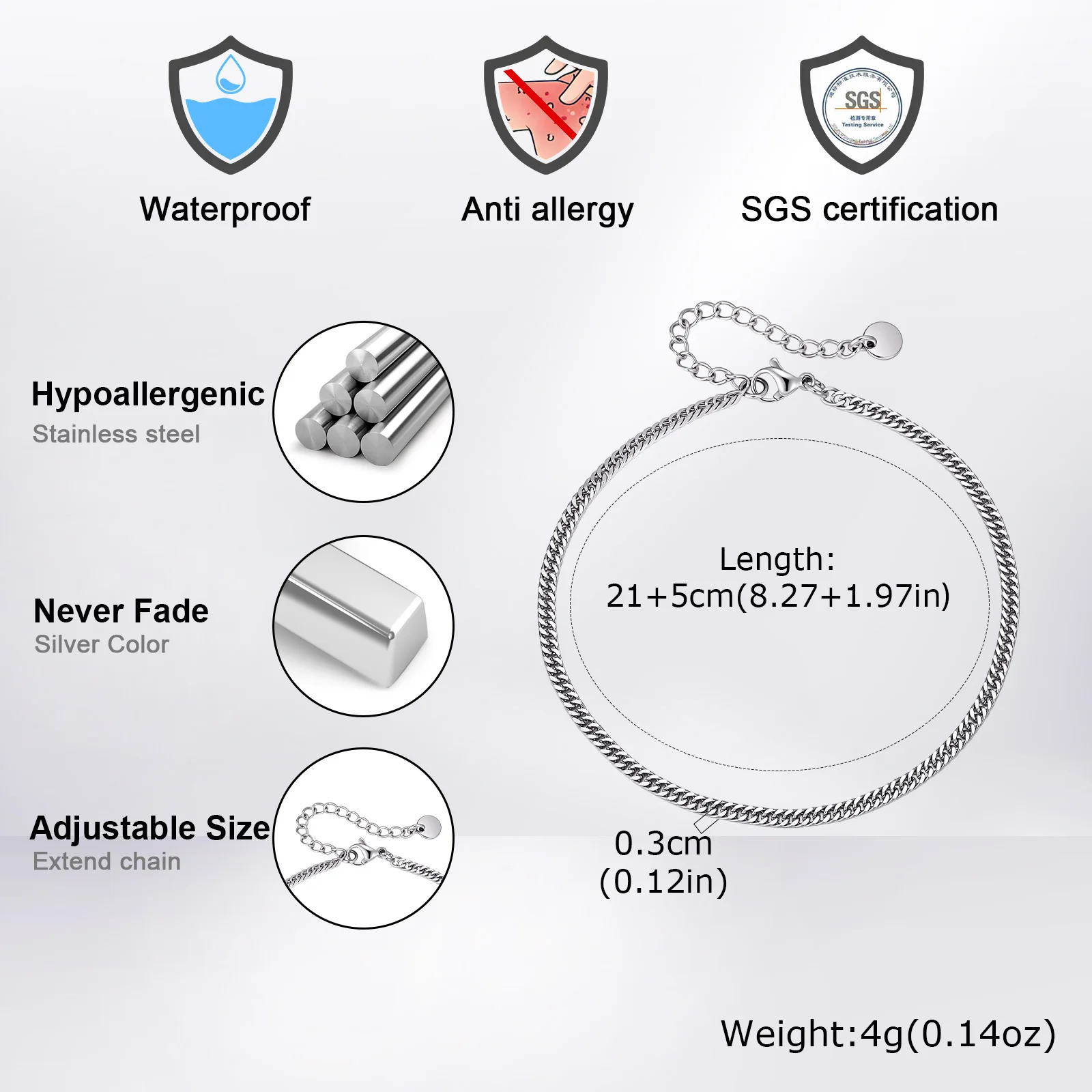 Wasserdichtes Edelstahl-Fußkettchen für Männer, lässige silber- und goldfarbene Fußkettchen, Armband, Figarokette, kubanische Kette, Fußkettchen. – Detail 6