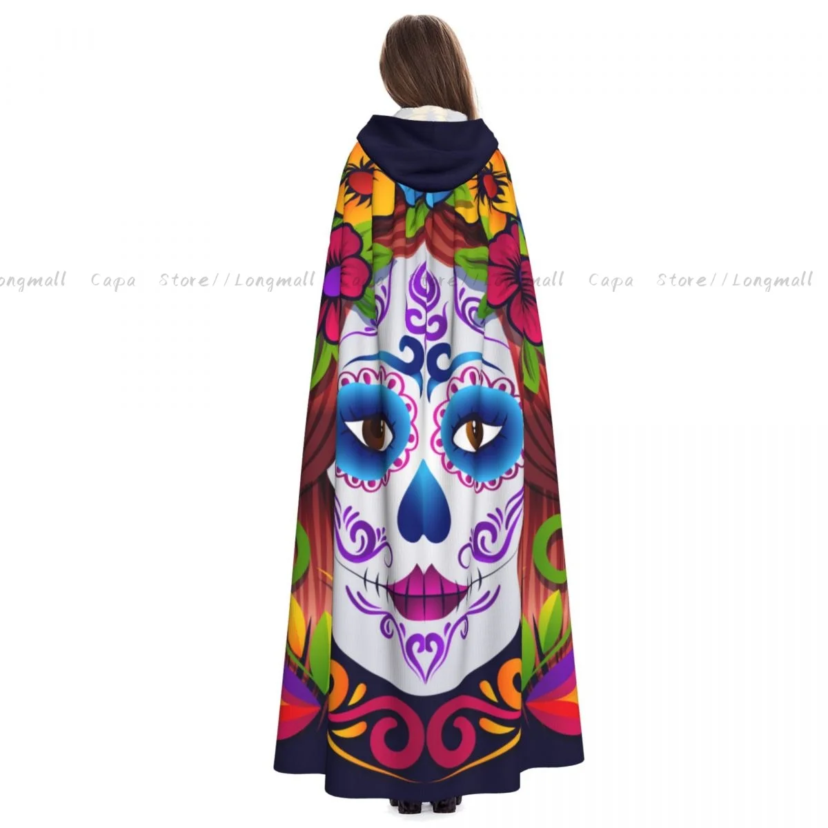 Sugar Skull La Catrina Hooded Cloak Coat Halloween Cosplay Costume Vampire Devil Wizard Cape Gown Party