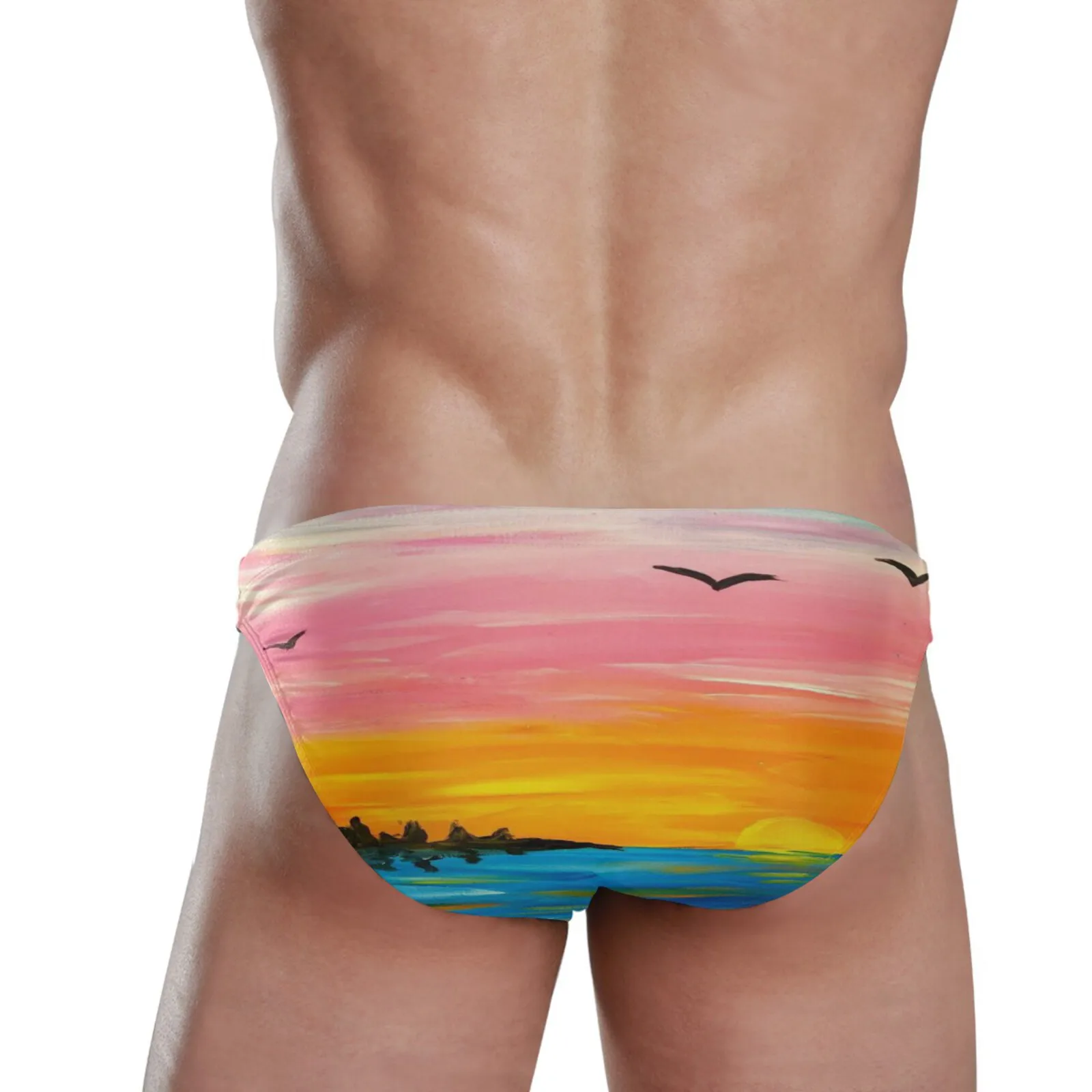 Bañador triangular con estampado de atardecer para hombre, traje de baño con almohadilla de empuje, Bikini Sexy de cintura baja de moda europea y americana, surf de playa de verano