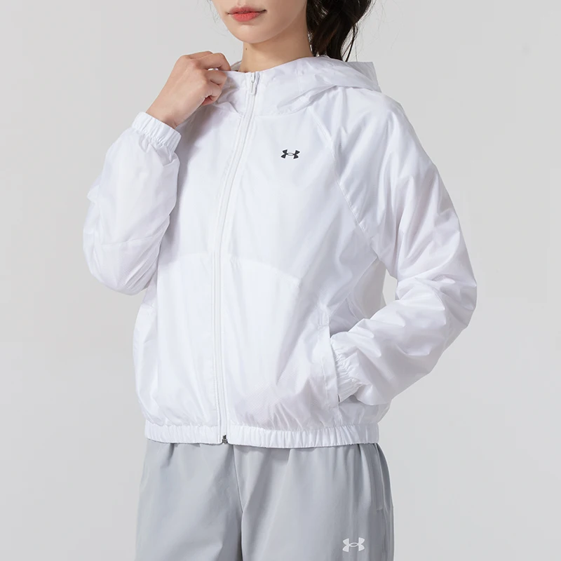 

Under Armour Rival Sport Windbreak Женская спортивная куртка Модная модная куртка с капюшоном Топ для тренировок на открытом воздухе 1382698-100