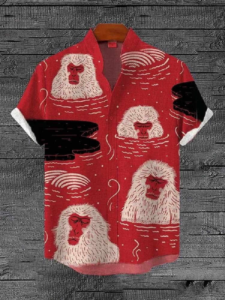 

Plus Size Men's Hawaiian Shirt Red Snow Monkey Graphic Short Sleeve Casual Beach Tunic 2026 Summer Breathable Aloha Clothing