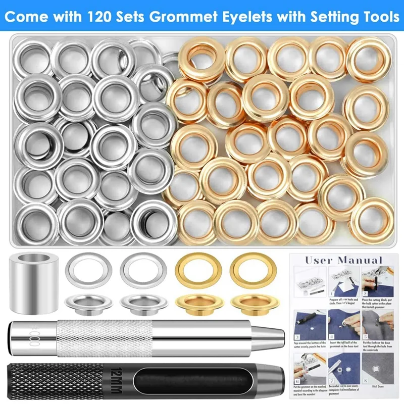 120 Sets Grommet Eyelets Tool Kit, Grommet Kit 1/2 Inch Eyelets With Tools And Storage Box