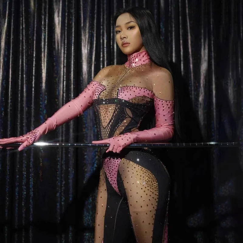 Glitter Rhinestones Stretch Jumpsuit Gloves Women Party Gogo Clothes Drag Queen Costume Stage Pole Dance Rave Outfits XS6159