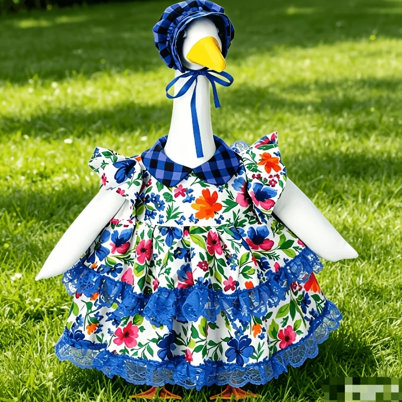 23" Blue Gingham Collar & Lace Trim Dress with Matching Bonnet - Floral Print Porch Goose Costume Suitable for Spring Summer Outdoor Lawn Parties, Easter Egg Hunts, Dress-Up for Role Play & Themed Events view 6