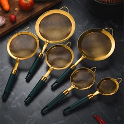 304 Stainless Steel Skimmer Strainer Green Gold Handle Fine Mesh Colander Oil Frying Spoon Noodles Dumpling Sieve Kitchen Tools