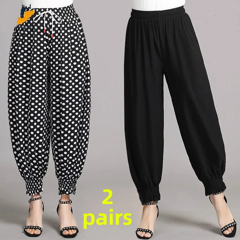 Pantalon lanterne taille haute en coton et soie glacée pour maman, pantalon décontracté imprimé à neuf points pour femmes d'âge moyen et ly