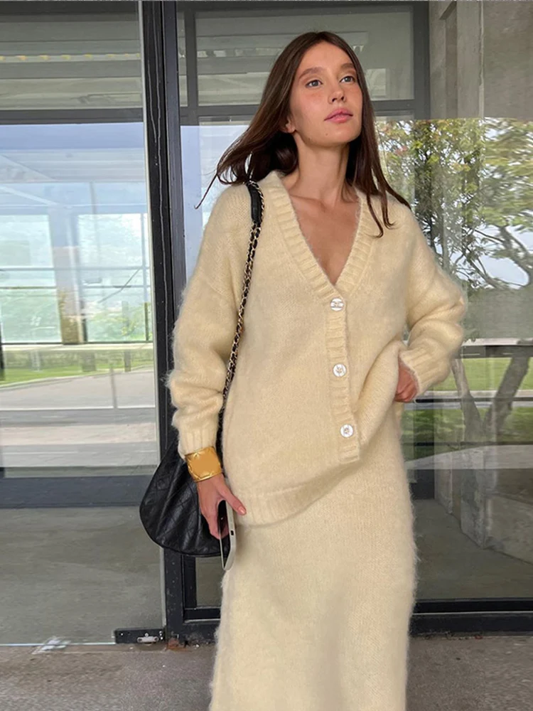 Fashion V Neck Single Breasted Cardigan Set Elegant Solid High Waist Sweater Long Skirt Suit Chic Spring Autumn Commute Outift