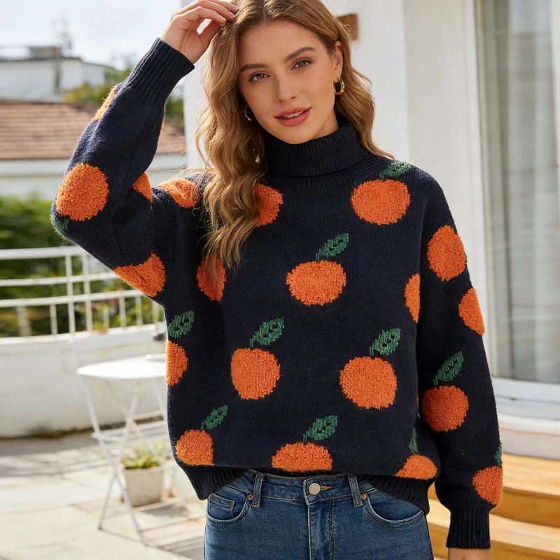 

Женский свитер E-BAIHUI темно-синего цвета с контрастными вставками, высоким воротником и вышивкой, вязаный пуловер, осенняя модная женская кофта