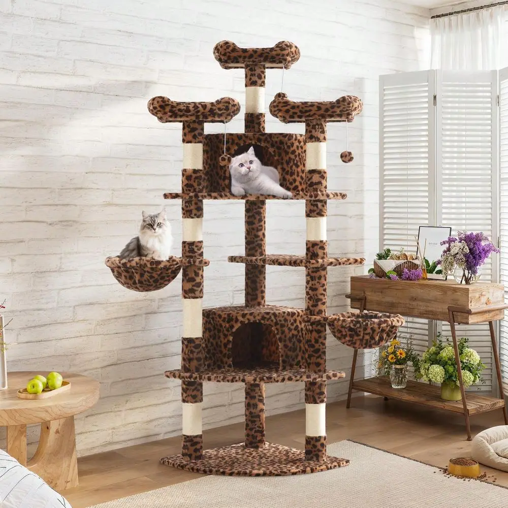 

73in FanShaped Corner Cat Tower For Save Space, MultiLevel Tall Cat Tree For Indoor Kitties, Condo With Baskets, Cozy Perches,