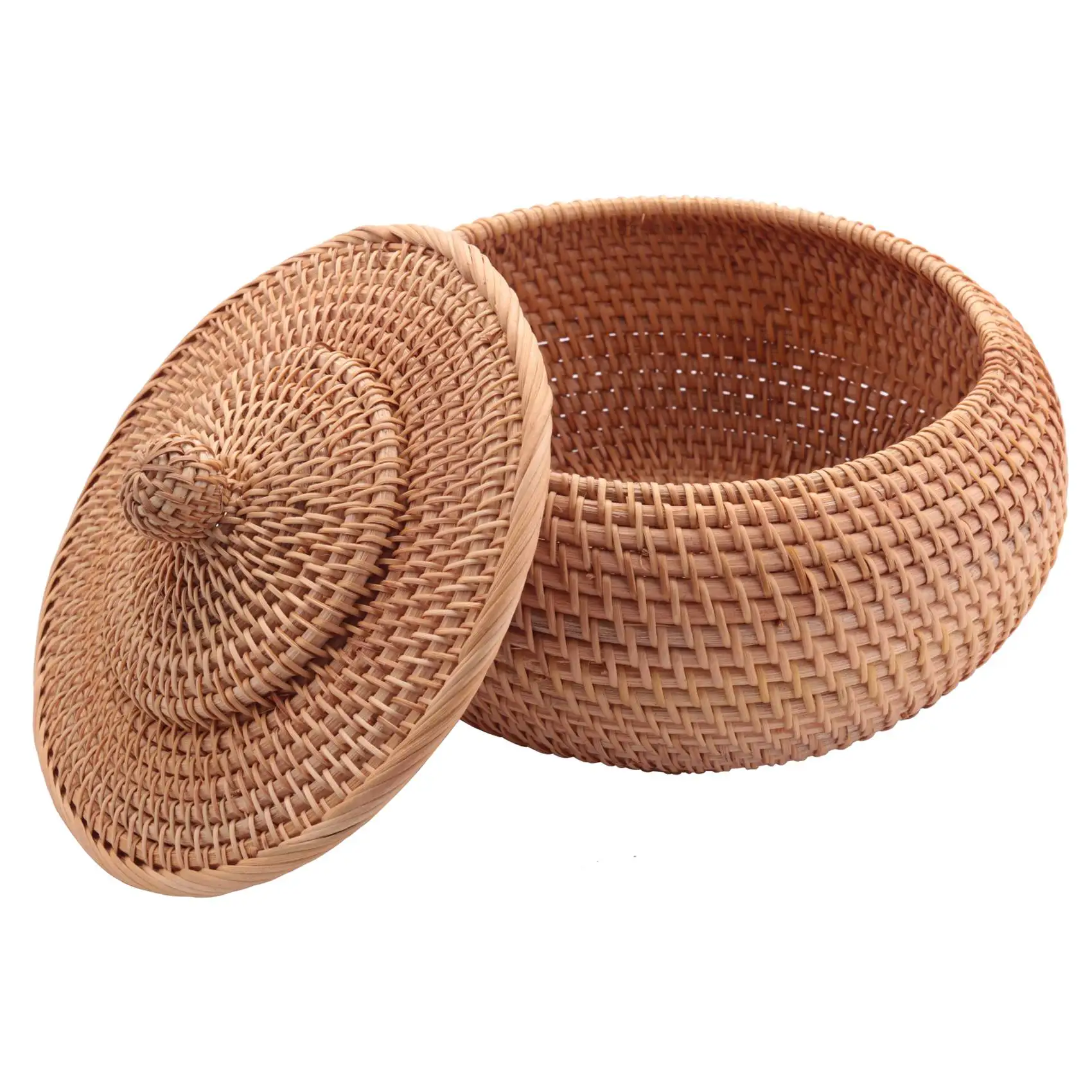 Round Rattan Box,Wicker Fruit Basket with Lid Bread Basket Tray Storage Basket Willow Woven Basket for Bread, Snack