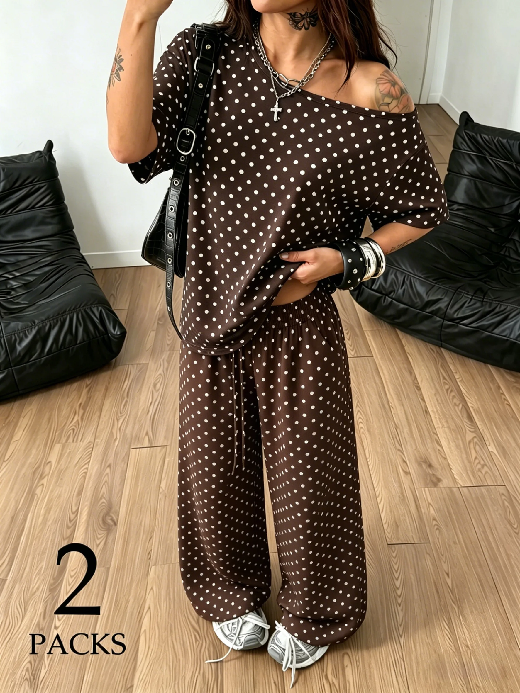 Women Polka Dot 2 Pcs Outfits Off Shoulder Loose Top Drawstring Wide Leg Pants, Casual Daily Back To School Matching Sets