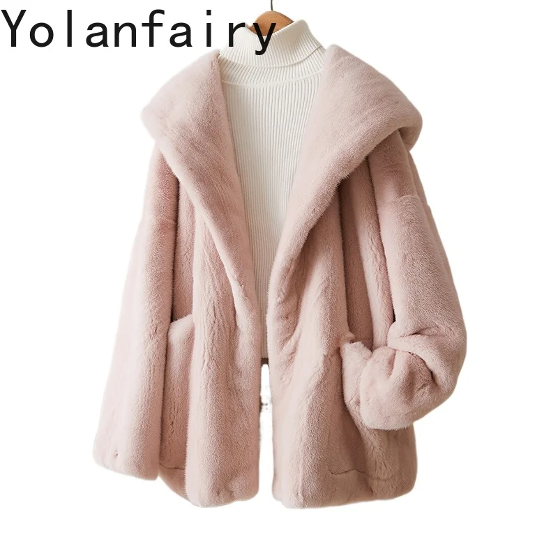 

YOLANFAIRY High-end Whole Mink Fur Jacket for Women Clothing Winter Luxury 2025 Hooded Natural Fur Coat Loose Pink Mink Jackets
