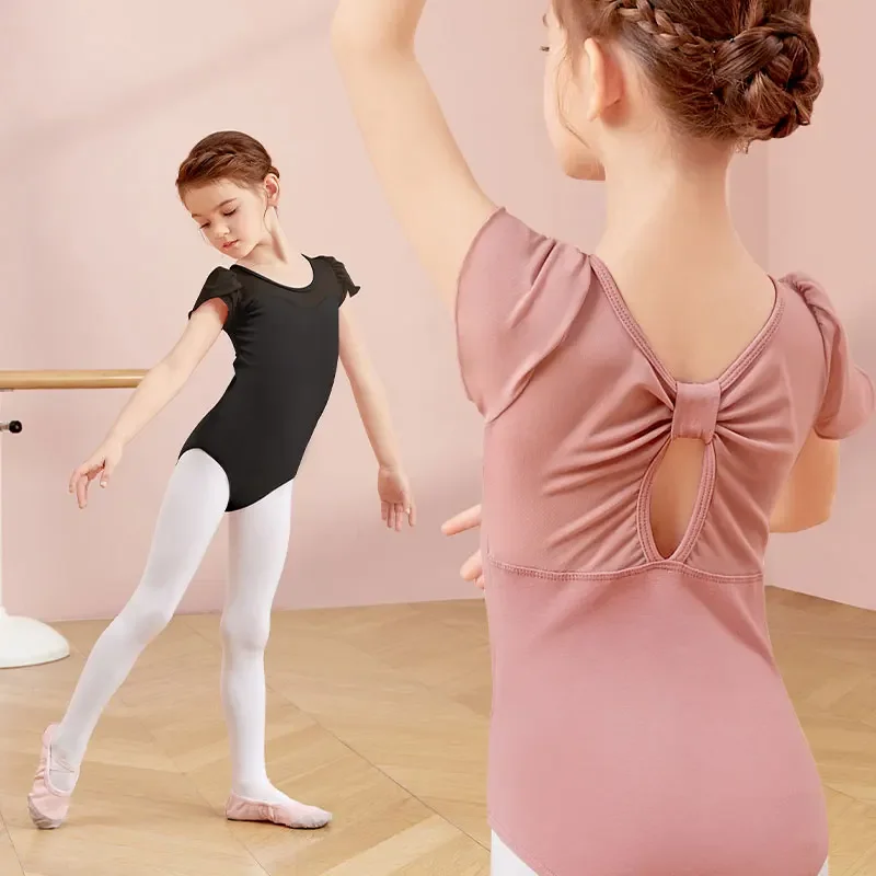 Ballet Leotards for Girls Splice Short Sleeve Kids Dance Leotards Back Bowknot Gymnastics Leotard Cotton Ballet Dancing Bodysuit