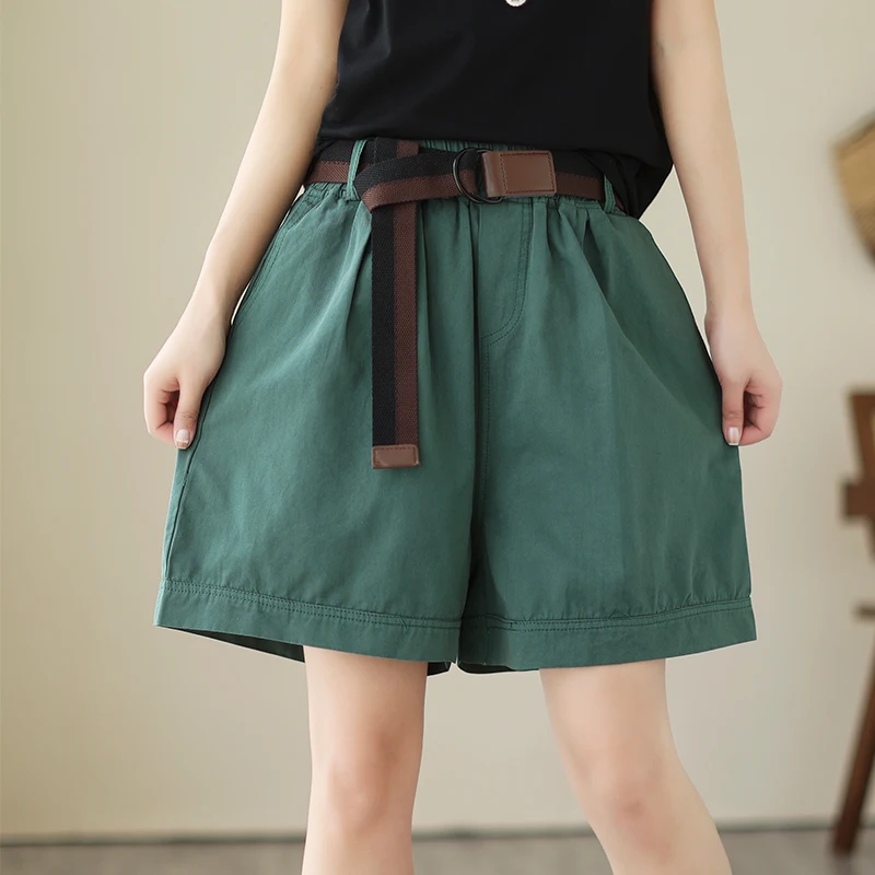 Loose Wide Leg Summer Shorts For Women Casual Big Size Bermuda Feminina Belt Elastic Waist Short Femme Pants Black Purple Green