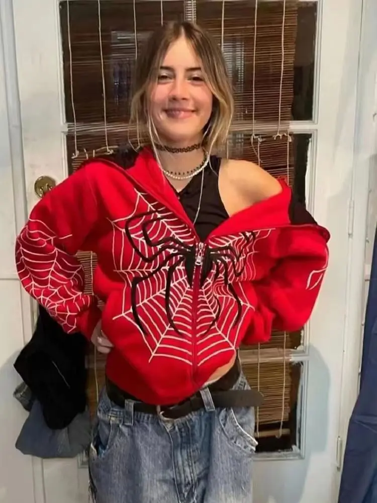 

Spider web Red hoodie sweatshirt zipper warm Harajuku punk grunge y2k clothing women Hip hop sweatshirt Hoodie interesting 2023