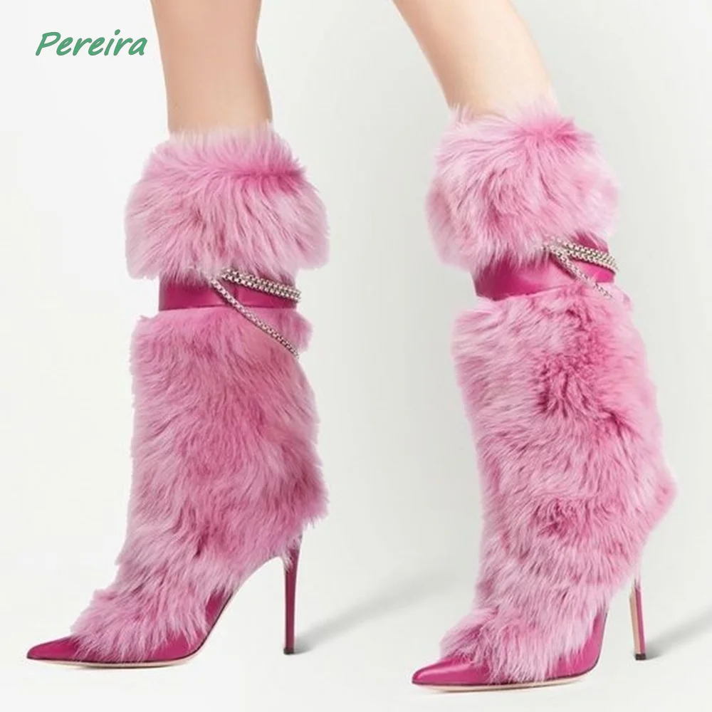 

Pink Sweet Boots 2024 Women's New Arrival Pointed Toe Thin High Heel Chain Catwalk Hairy Fashion Shoes For Footwear