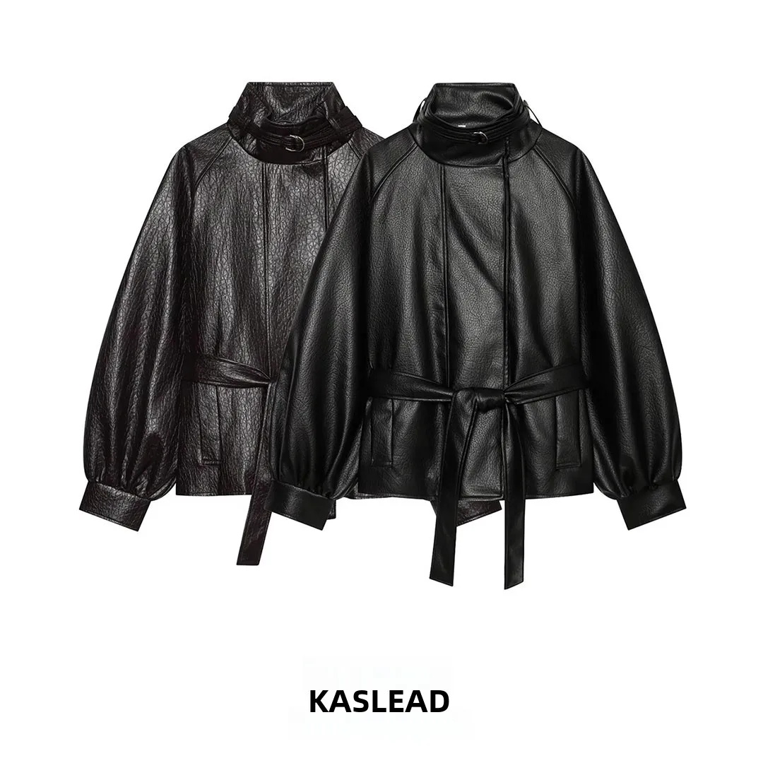 KASLEAD New Women's Leather Effect Belt Jacket Coat 6318248 Long Sleeve Regular Length Polyester Fiber 100% Autumn Season