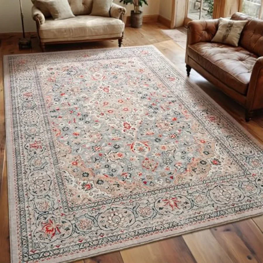 Washable Rug 4x6, Beige Area Rugs Non Slip, Indoor Low Pile Carpet with Rubber Backing for Living Room Kitchen Bathroom Entrywa