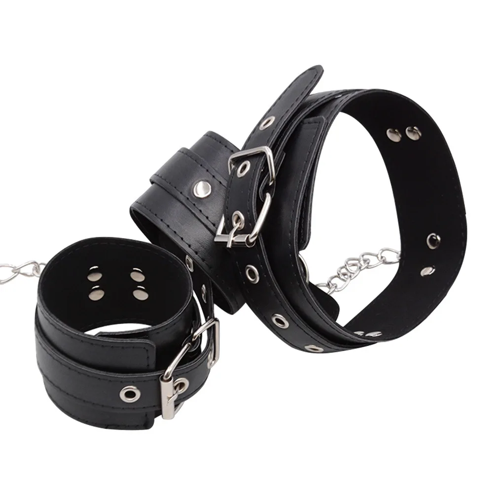 BDSM Bondage Handcuff Toy Sex Restraints PU Leather Collar Fetish Chain Hand Cuffs Harness Slave Neck Cuff 18+ Adult Game Kits