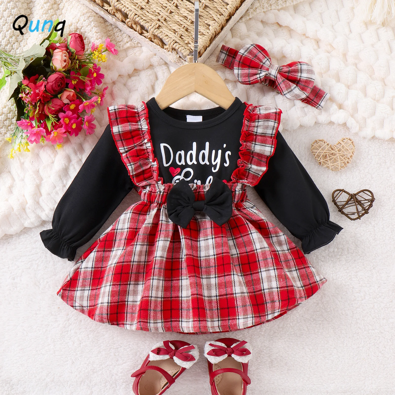 

Qunq 2023 Autumn Baby Girls Print Long Sleeve Top + Bow Splice Suspenders Puffy Skirt 2 Pieces Set Casual Kids Clothes Age 0-2T