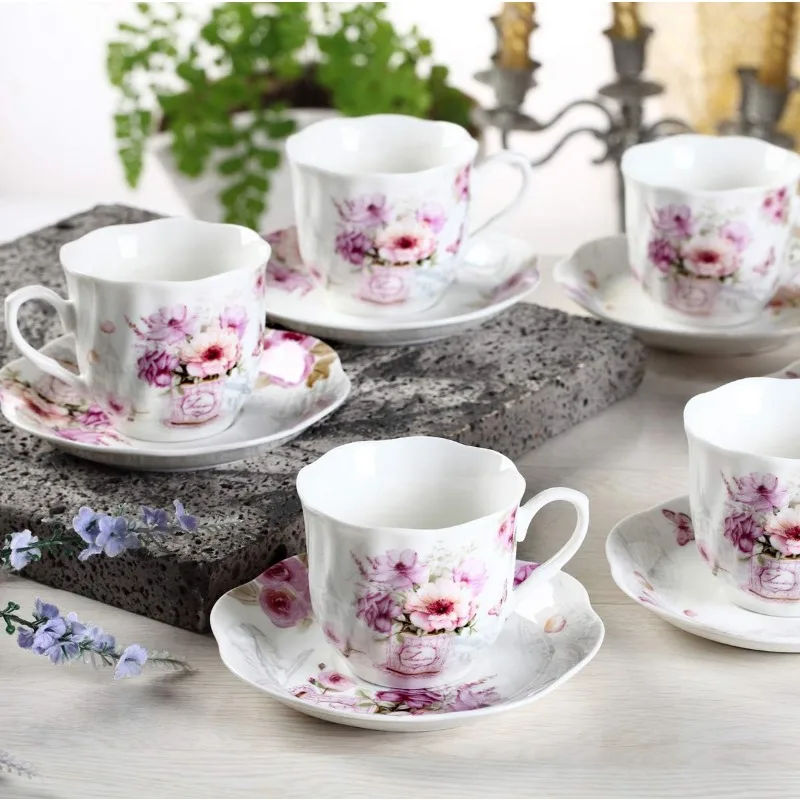 Imagem -03 - Xícaras de Chá e Pires China Conjunto para Adultos Floral Porcelana Teacup com Pires Roxo Dom Conjuntos Onça 200ml