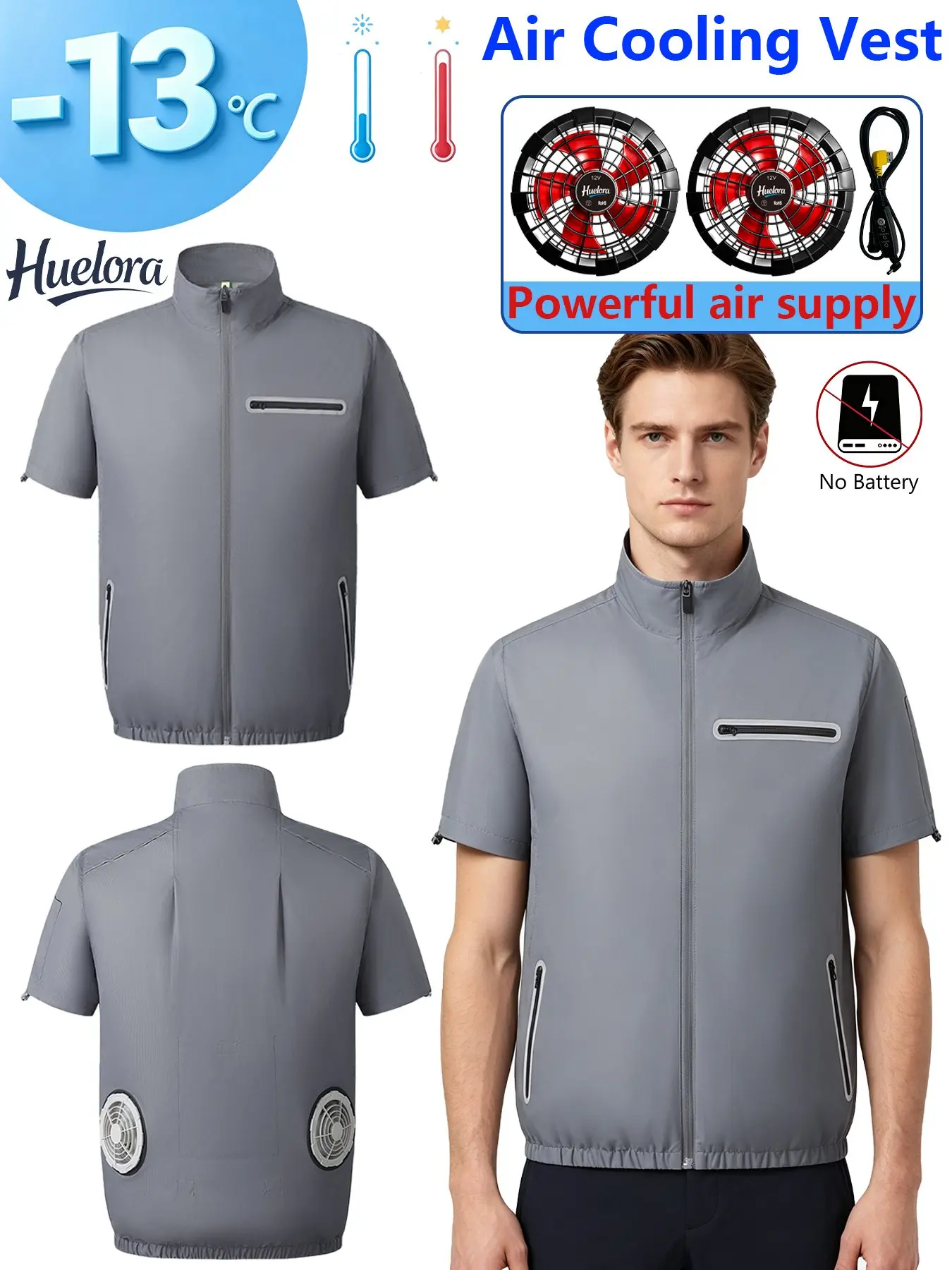 2 Fans Short Sleeve Air Cooling Work Jacket Men Stand Collar, 2 Gray Tones Windproof Summer Coat for Outdoor Labor Fishing