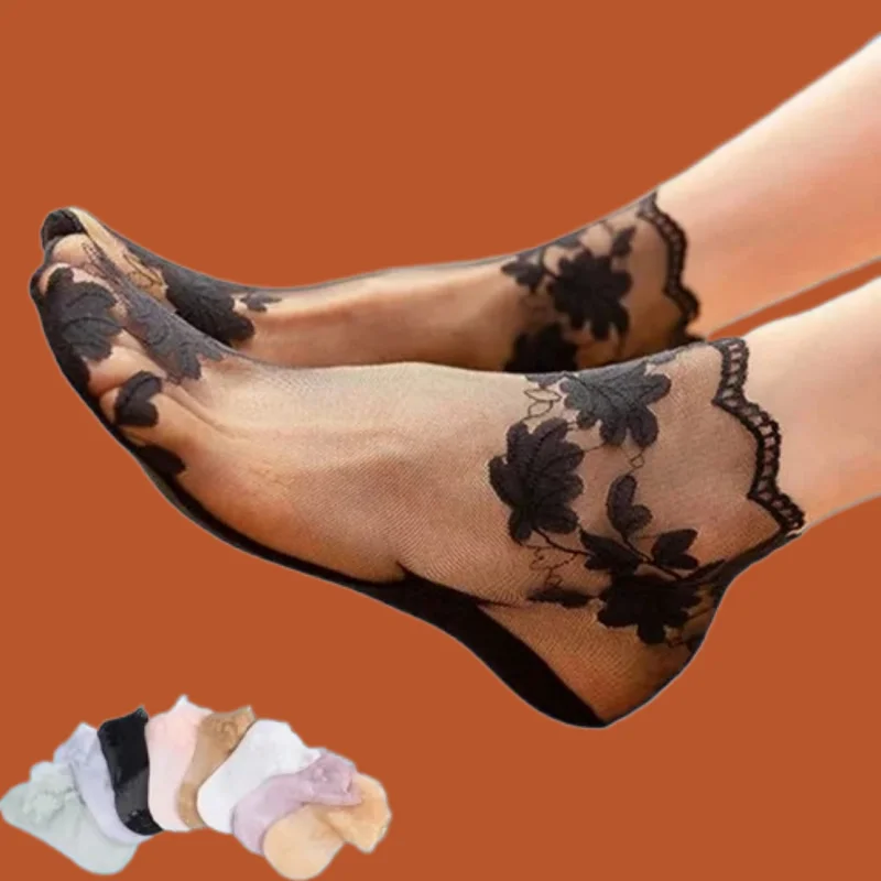 

5 Pairs Women's Lace Transparent Lolita Invisible Summer Thin Non-slip Short Ankle Black Low Cut Boat Socks 2024 Fashion Socks