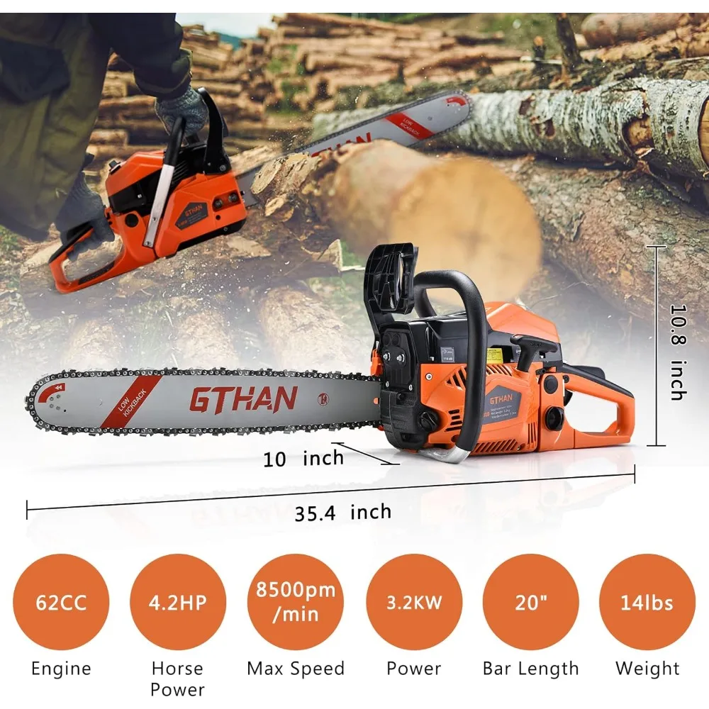 62cc Gas Chainsaws 2-Cycle Gasoline Powered Chain Saws Handheld Cordless Petrol Chainsaws Optional