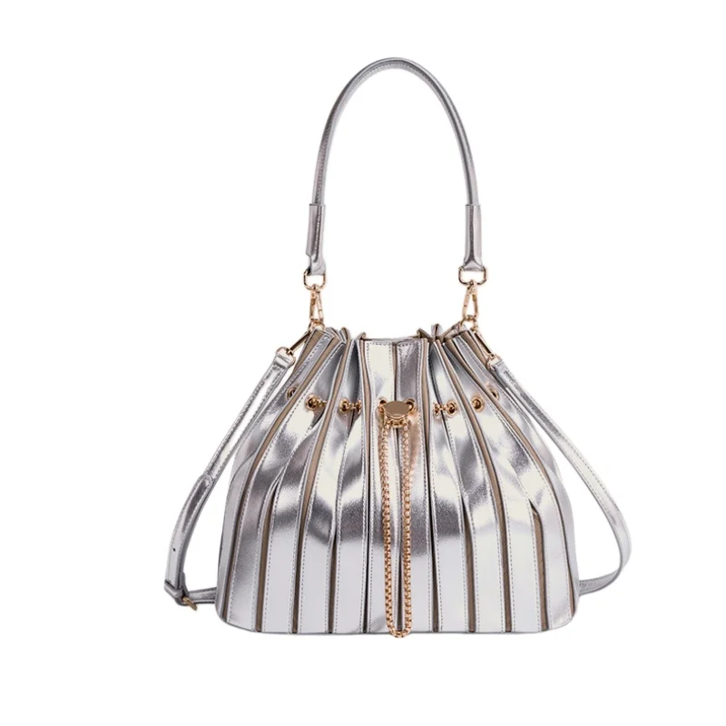Pleated Stripe Design Bucket Bag Contrasting Colors Drawstring Closure Handbag New In Fashion Splicing Underarm Bag