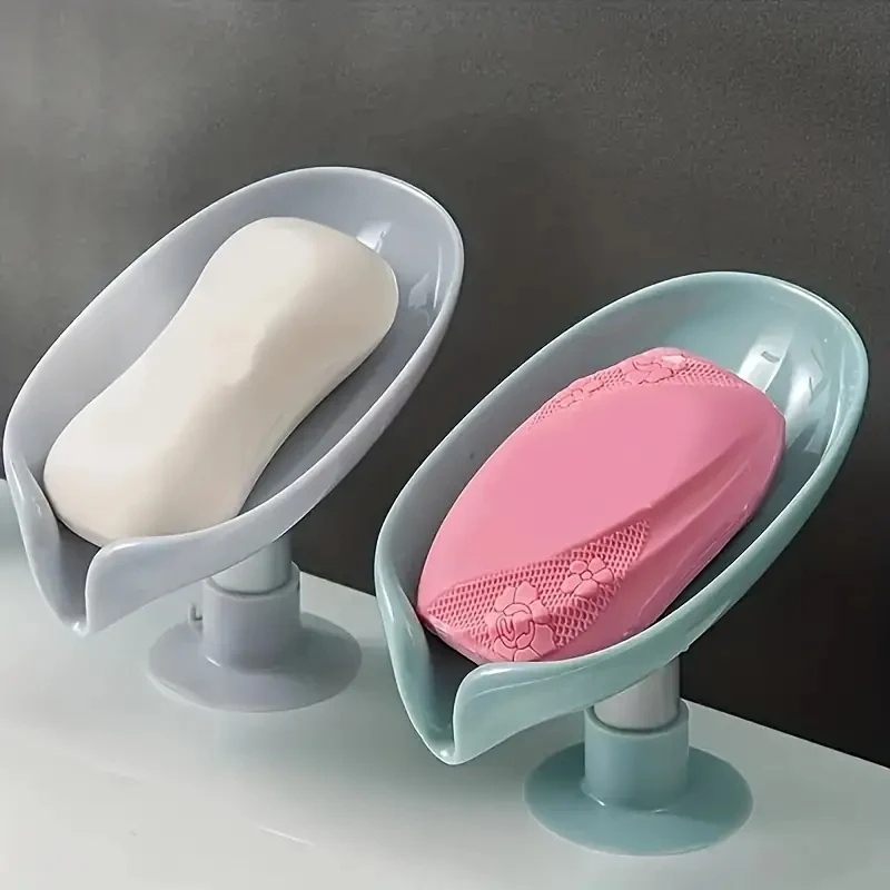 

2pc Bathroom Soap Box Leaf Shape Drain Soap Holder No Punching Plastic Self Drain Suction Soap Tray Laundry Soap Storage Rack