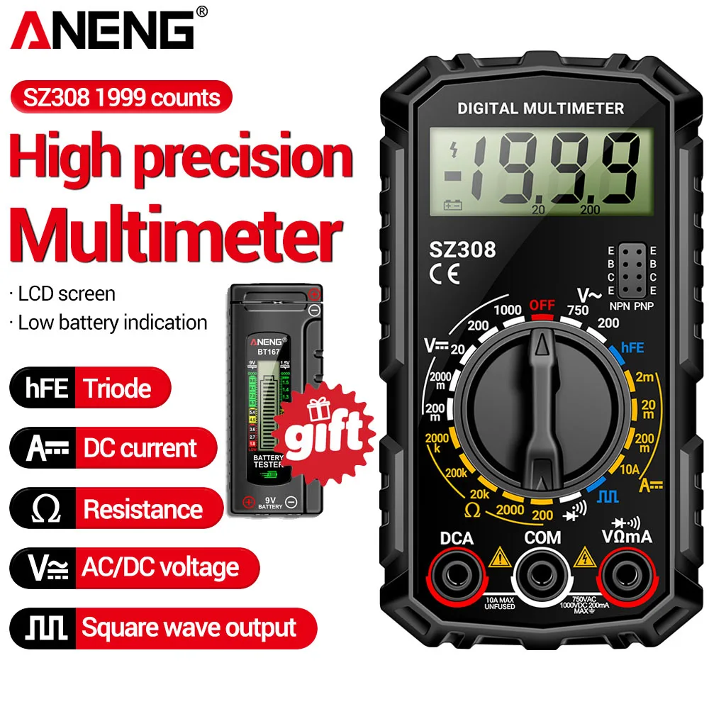 ANENG SZ308 Digital Multimeter 1999 Counts AC DC Voltage Current Resistance Diode Triode Tester Free Gift BT167 Battery Detector