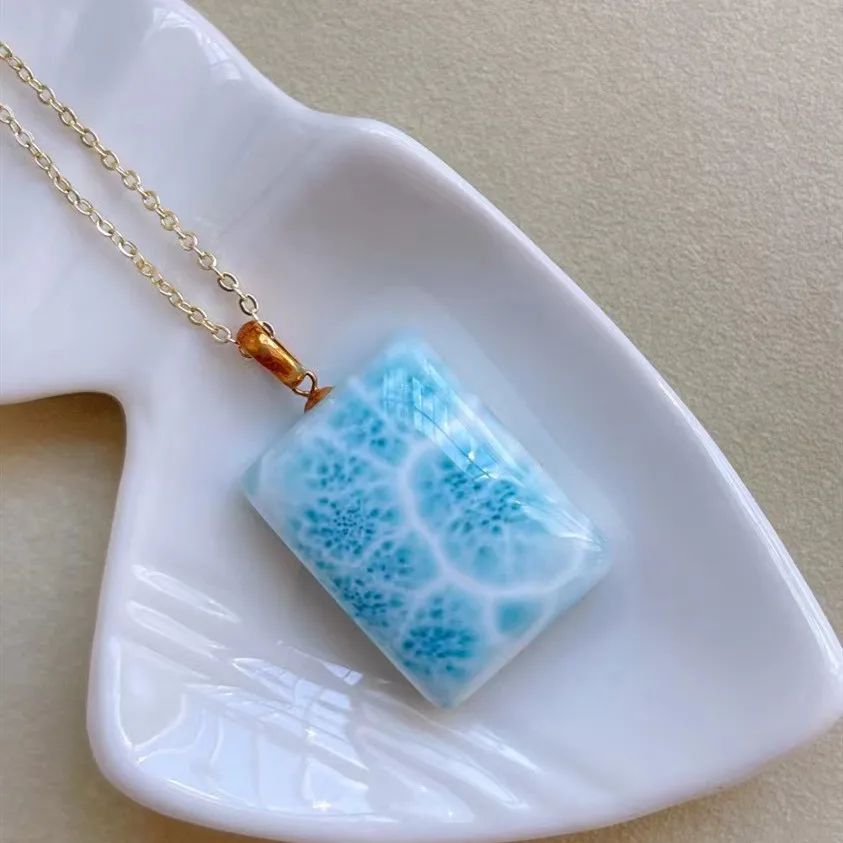 

Natural Blue Larimar Rectangle Big Pendant Gemstone Necklace 24.5*18.6mm Women Men Larimar 18K Gold Fashion Jewelry AAAAAA